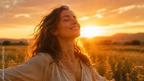Young woman smiling with eyes closed in sunset field