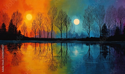 Enchanting Dual Sun and Moon Reflecting Over Vibrant Twilight Landscape with Silhouetted Trees and Mirrored Lake