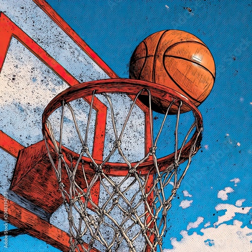 Dynamic Comic Style Basketball Hoop with Ball in Motion Against Blue Sky and Clouds Illustrating Sports Action