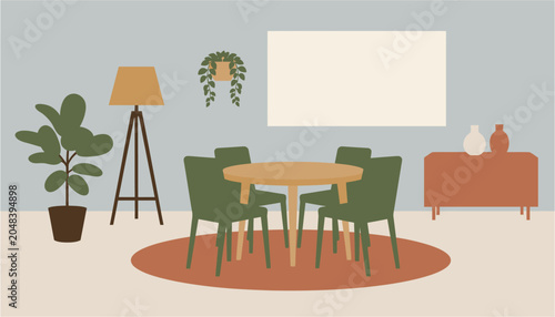 Mid-century modern dining room with round table and potted plants during daylight with warm accent lighting