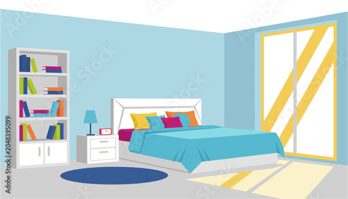 Bright modern bedroom interior with blue walls a white bed and a sunny window casting geometric shadows