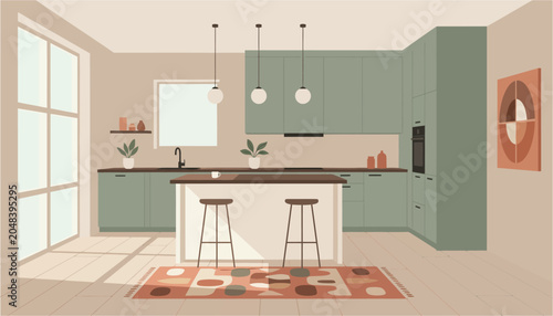 Modern kitchen interior with sage green cabinets and island during bright daylight with shadows