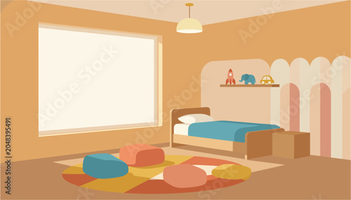 Cozy children's bedroom with a large window and colorful floor cushions during daytime