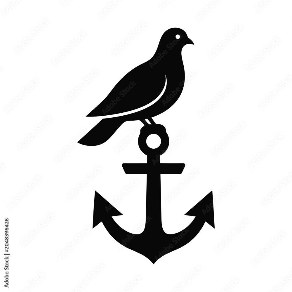 Fototapeta premium Black silhouette of bird with anchor icon. dove sitting on an anchor logo design.