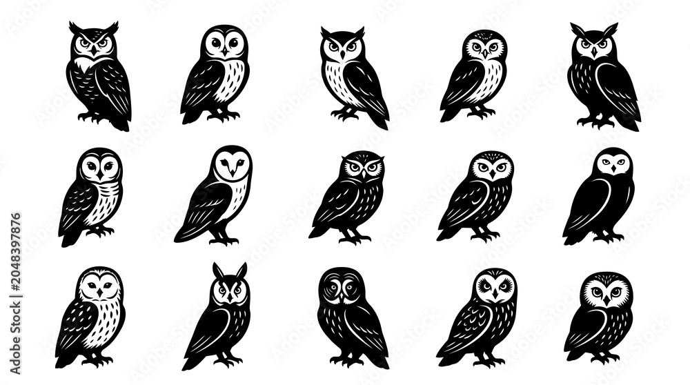 Fototapeta premium Black and White Owl Icons Set, Vector Illustration