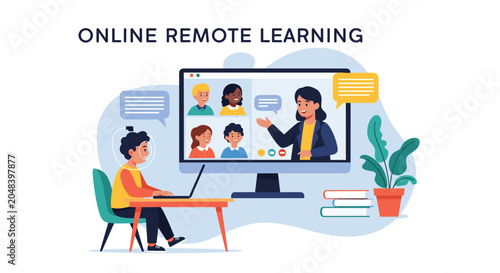 Young student wearing headset during online remote learning session with teacher and classmates on computer screen at home.