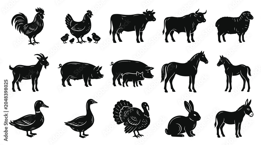 Fototapeta premium Black Silhouette Farm Animals Set - Domestic Livestock Glyphs for Agriculture, Farming, and Rural Industry.