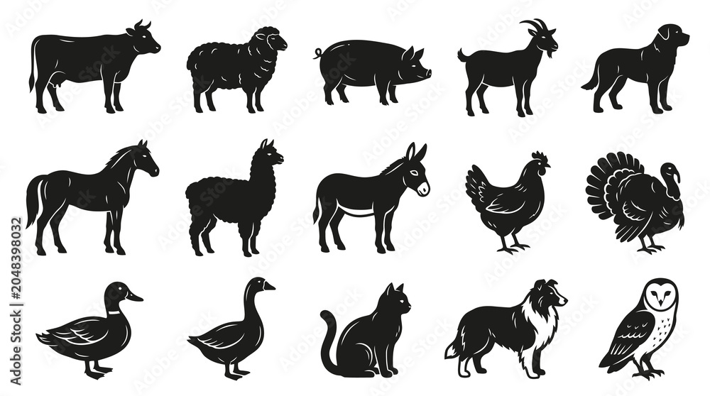 Obraz premium Farm and Domestic Animals Silhouettes Icon Set: Agriculture, Livestock Pet Vector Glyphs
