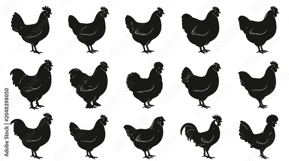 Fototapeta premium Black White Vector Illustration of Roosters and Hens in Various Poses