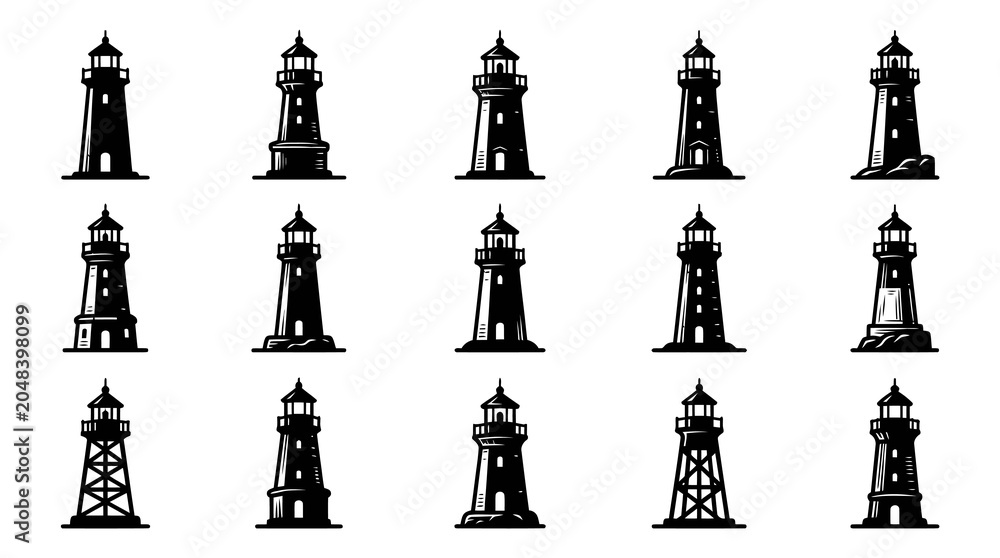 Fototapeta premium Black and White Lighthouse Icons Vector Collection, Nautical Navigation Art Style