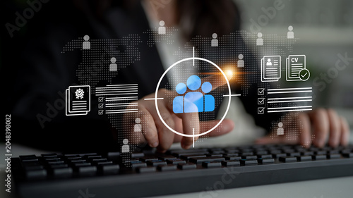Obraz na płótnie Interactive recruitment process with futuristic digital elements focusing on user profiles, documents, and checklists designed to enhance hiring efficiency in modern businesses