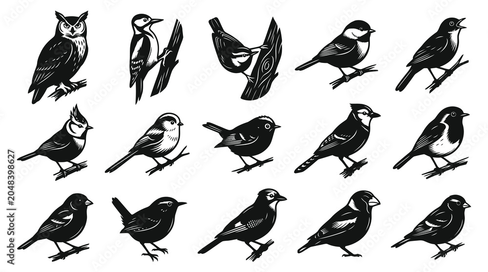 Obraz premium Black and White Vector Art of Various Birds Perched on Branches