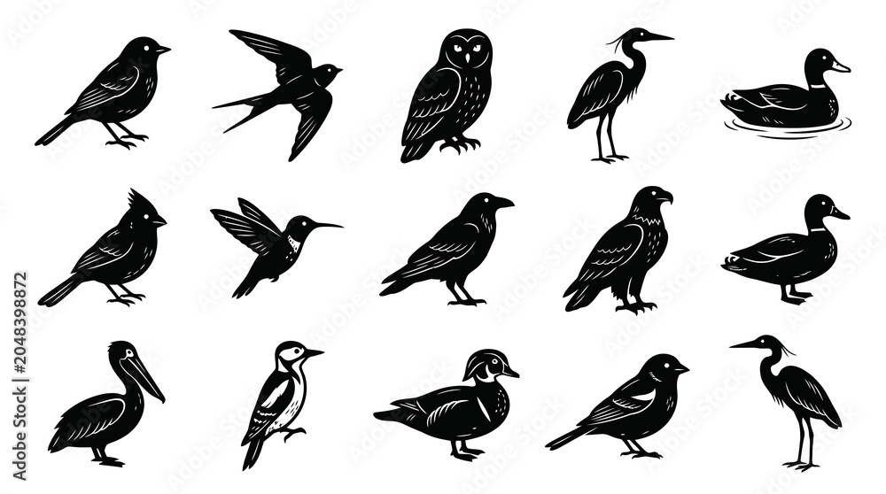 Obraz premium Nature Wildlife Birds Vector Icons Set in Black and White Woodcut Style - Avian Species Collection