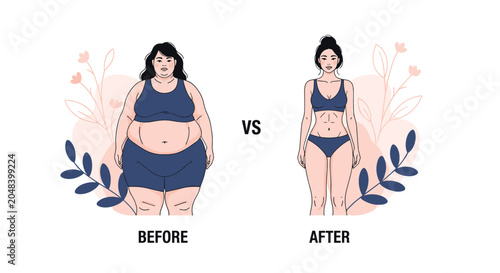 Comparison of woman before and after weight loss journey showing transformation from overweight to fit and healthy body shape.