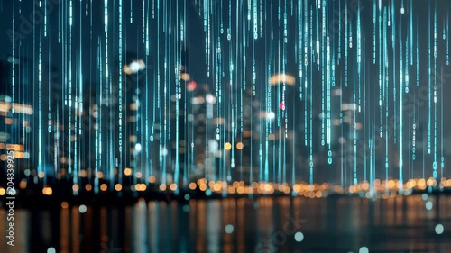 City skyline with digital rain effect at night showing lights and reflections in the water