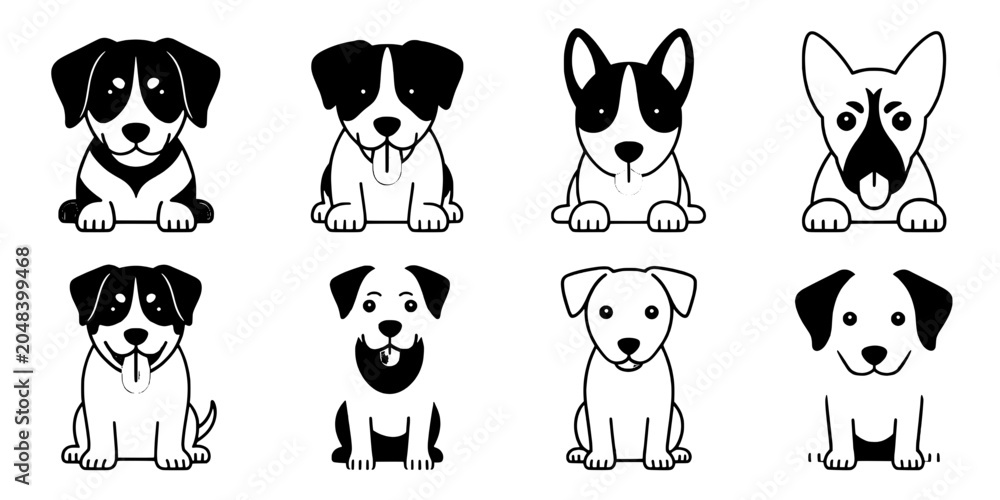 Fototapeta premium Dog Cartoon Character Set with Cute Faces and Different Breeds for Kids, Stickers, and Nursery Decor Backgrounds