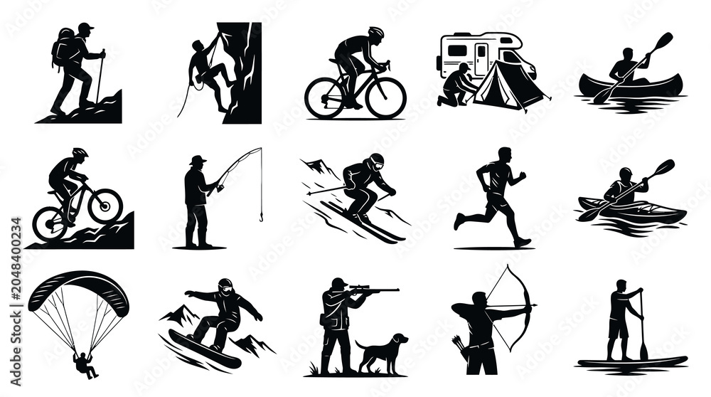 Naklejka premium Outdoor Recreation Sports Adventure Activities Vector Silhouette Icons Set - Black White Glyph Art