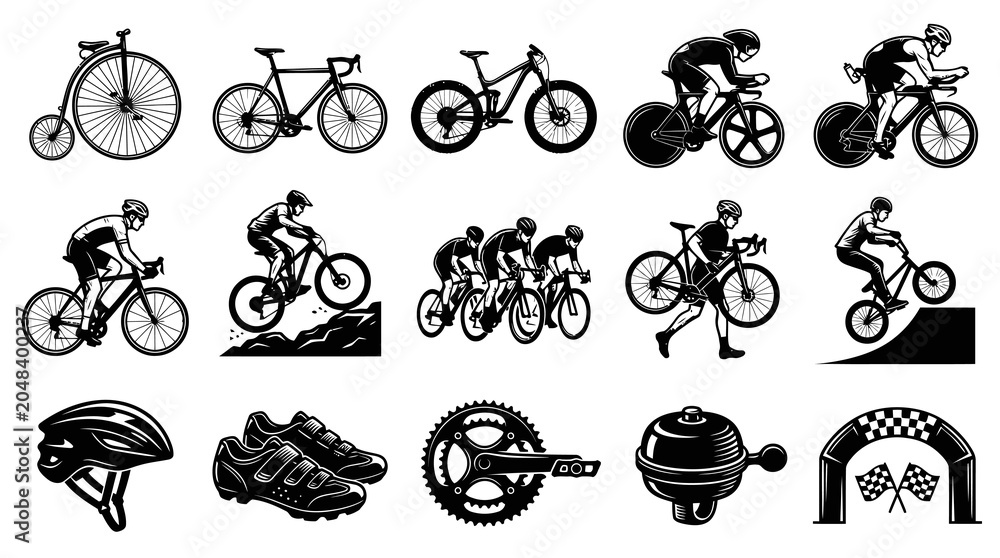 Naklejka premium Cycling and Bicycle Sport Icons Set in Black and White Line Art Style - Race Gear and Rider Vectors