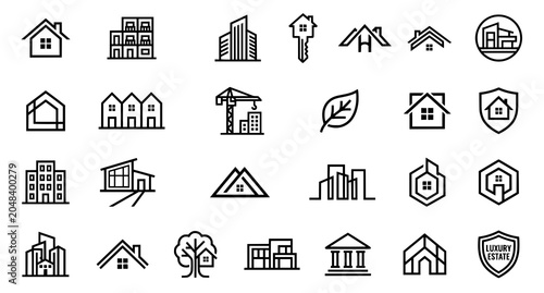 Canvastavla Real estate icons set houses buildings keys and luxury estate symbols in linear