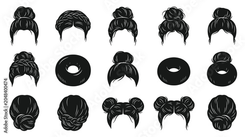 Black  White Vector Icons of Various Woman Hairstyles, Buns  Braids
