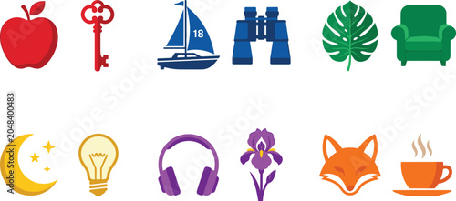 Foto Conceptual Vector Icon Set Featuring Pairs of Apple Key Sailboat Binoculars Mons