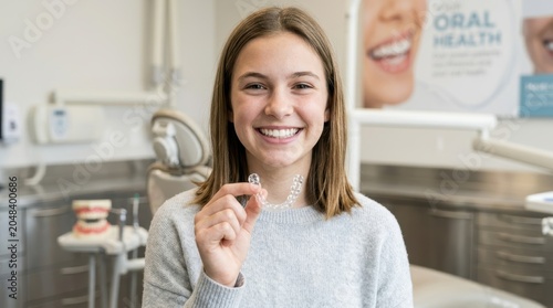 Smiling teenage girl holding a clear orthodontic aligner in a dental clinic, demonstrating invisible plastic braces used for teeth correction. 