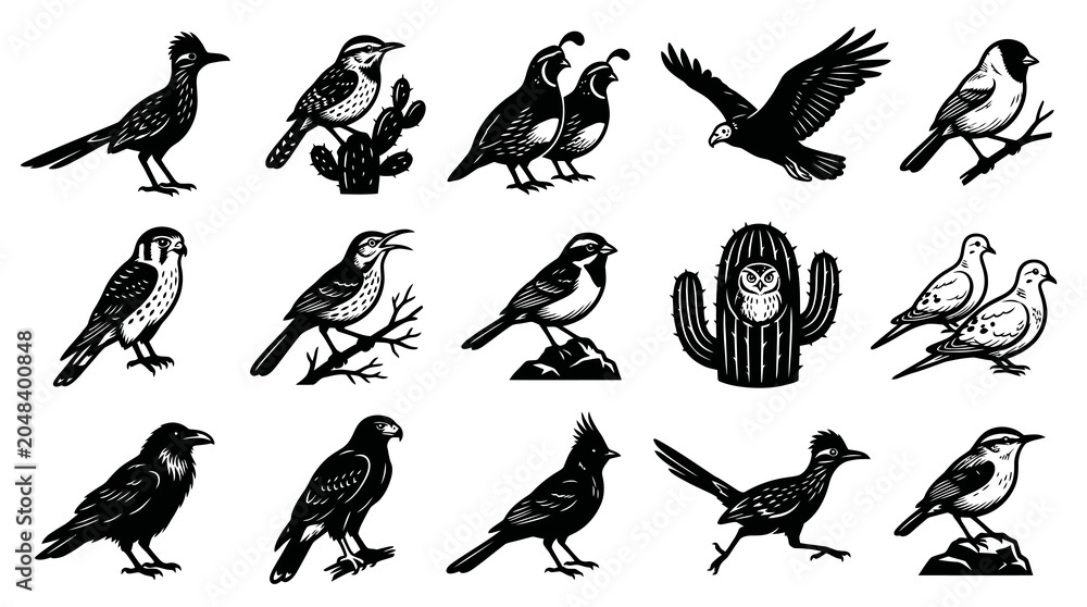 Obraz premium Southwestern Desert Birds Vector Set. Monochrome Engraving Style Wildlife Avian Species Collection.
