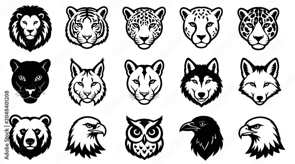Obraz premium Black White Line Art Animal Head Vector Collection. Iconic Wildlife Mascots, Emblems, Logos and Design Elements
