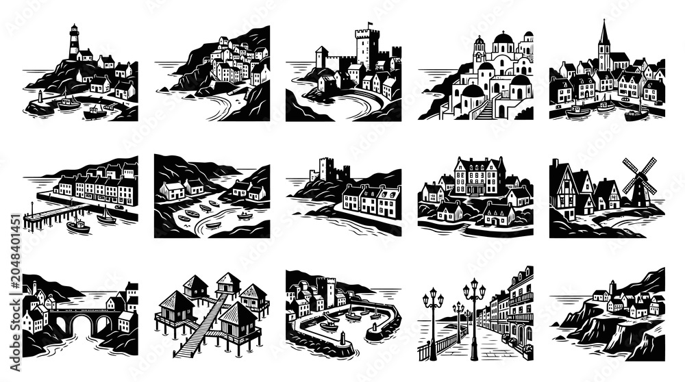 Obraz premium Black and White Line Art Vector Illustrations of Coastal Villages and Towns