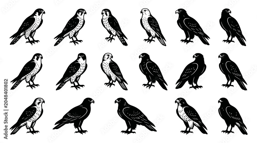 Fototapeta premium Vintage Engraved Falcon and Hawk Birds of Prey Set. Black and White Wildlife Nature Line Art Collection