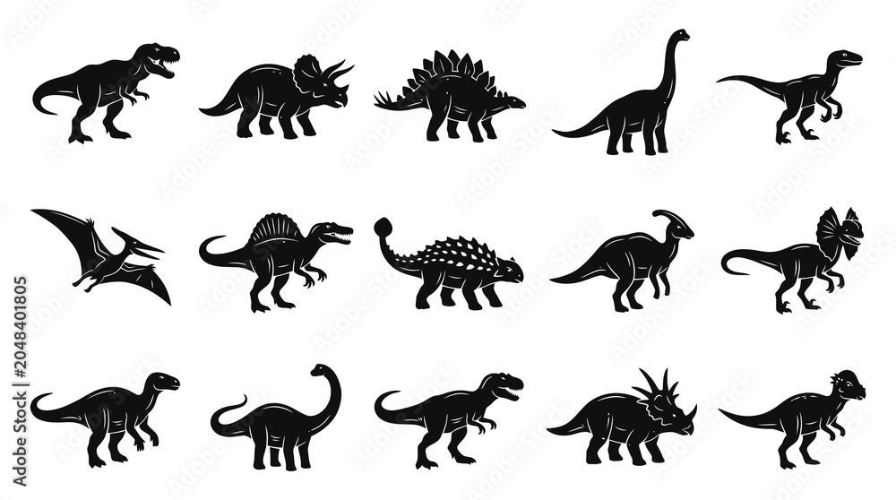Obraz premium Prehistoric Dinosaurs and Pterosaurs Vector Silhouettes Set - Ancient Reptiles Glyph Icons Collection