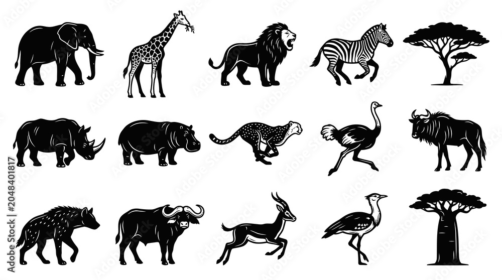 Obraz premium African Safari Animals Black and White Vector Illustrations Set