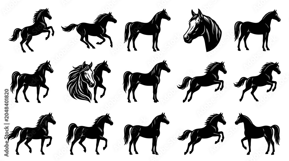 Fototapeta premium Black and White Silhouette Horses Vector Set - Dynamic Equestrian Line Art and Animal Illustration Collection