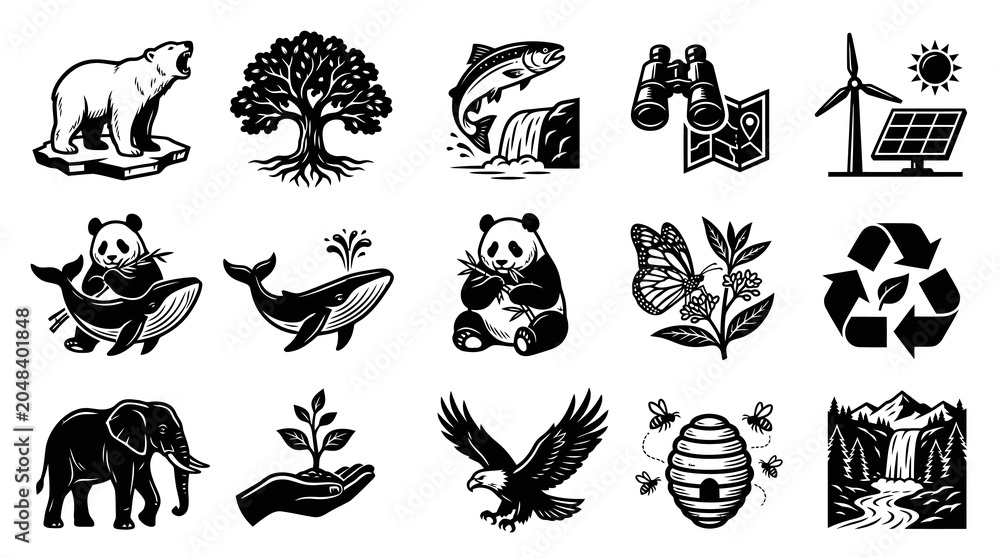 Obraz premium Black and White Icons of Nature and Wildlife, Eco-friendly Symbols
