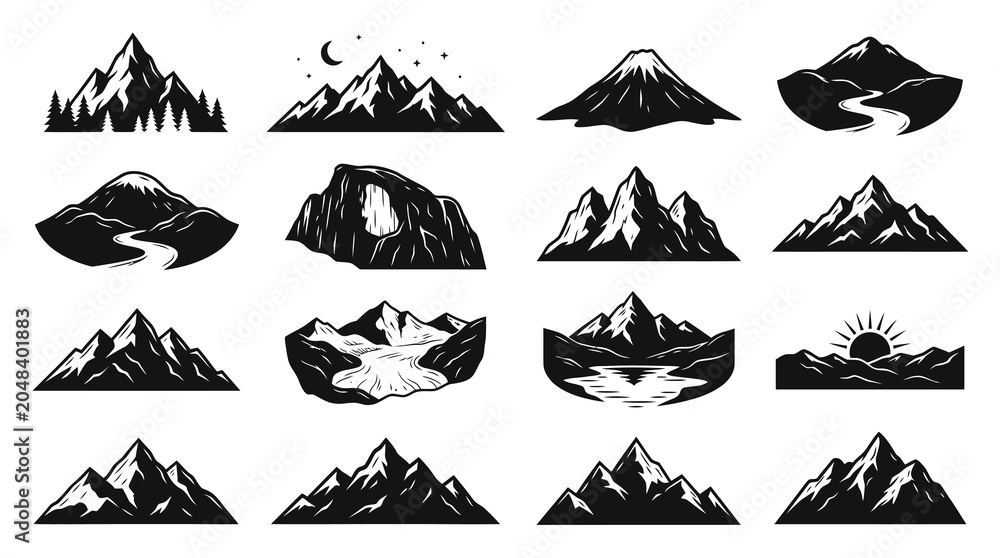 Fototapeta premium Mountain Landscapes Icons Set, Nature Scenery Vector Art