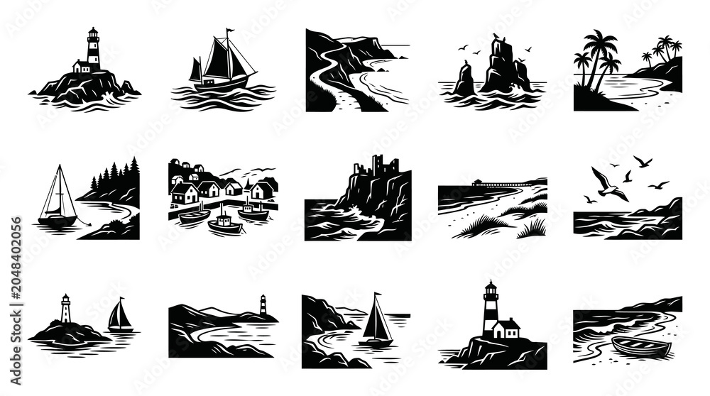 Obraz premium Nautical Landscape Icons: Lighthouses, Sailboats, Castles, Beaches, Black White