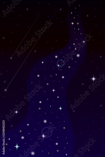 幻想的な天の川が流れる美しい星空の縦長背景イラスト／Beautiful cosmic night sky with glowing Milky Way galaxy and shooting stars, vertical background vector with copy space