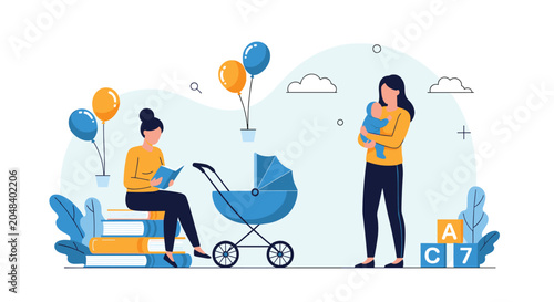 Two young mothers spending time together with their babies with one reading on book stack and another holding infant near stroller.