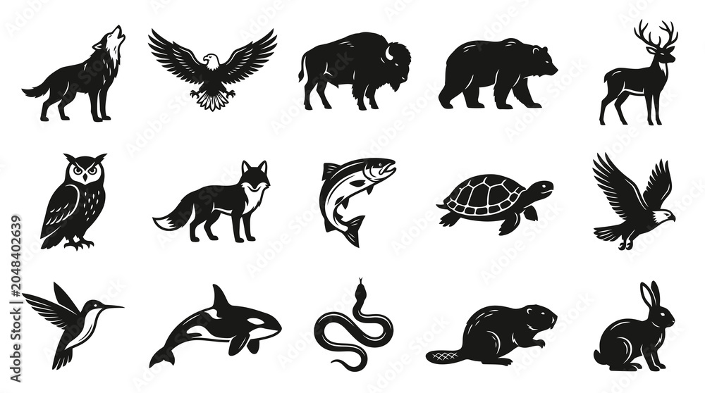 Obraz premium Black White Vector Glyph Icons of Wild Animals for NatureWildlife Industry