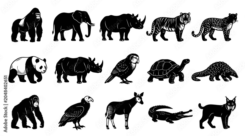 Fototapeta premium Black and White Line Art Collection of Diverse Wild Animals Vector