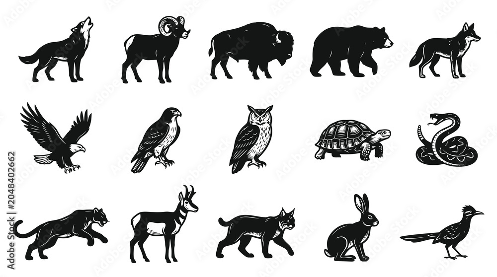 Obraz premium Black and White Vector Icons of North American Wildlife Animals
