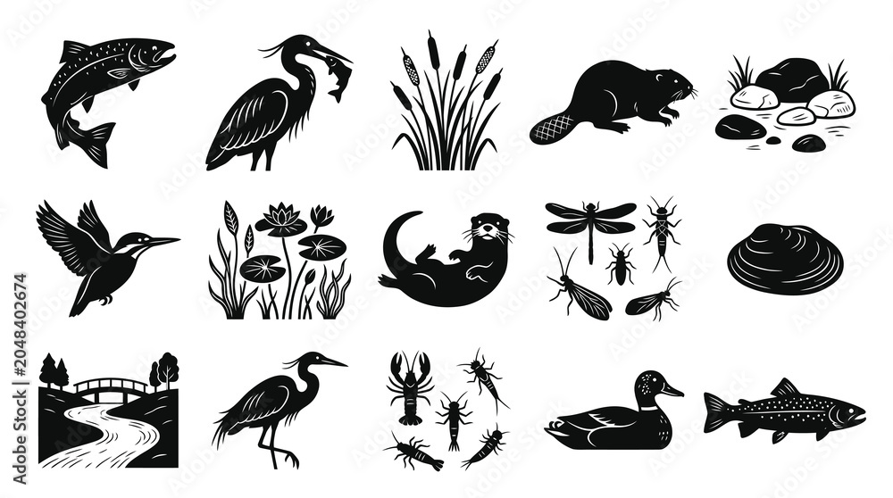 Obraz premium Freshwater Wildlife Nature Vector Icons Set - River Animals, Plants, Fish, Birds Insects Glyphs