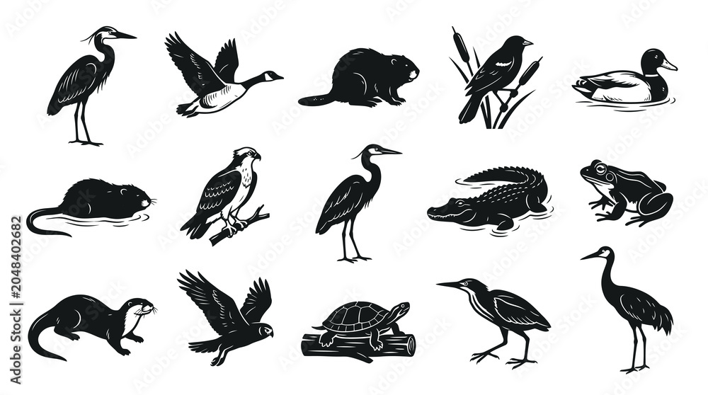 Fototapeta premium Black and White Vector Icons of Wildlife Animals and Birds