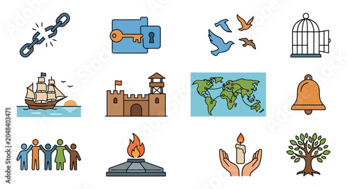 Colorful icons representing freedom, nature, and community