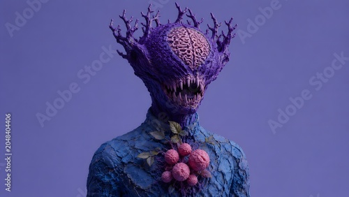 A purple fantasy creature with branch-like antlers and organic chest growths stands against violet. Useful for games, surreal art, and creature design.