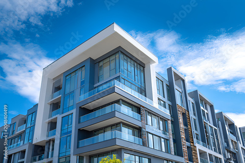Modern apartment building with glass balconies, exterior blue and grey walls, and a bright blue sky