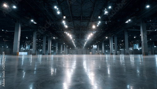 Large, empty, modern interior. Concrete floor reflects ceiling lights, long perspective, pillars line the space. Spacious and cavernous