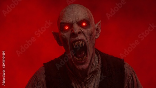 A pale vampire creature screams with glowing red eyes against red smoke. Useful for horror posters, game villains, Halloween, and dark fantasy promotion.