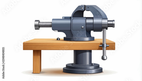Sturdy workbench vise on a wooden table, rendered in a crisp, semi-3D vector illustration style, ideal for showcasing industrial craftsmanship
