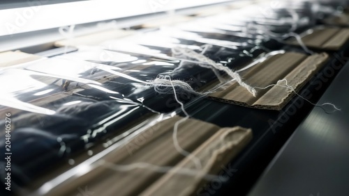 Dark, bundled materials wrapped in clear plastic, with loose white threads on corrugated cardboard.